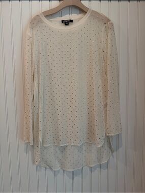 DKNY Ivory Sheer Rhinestone Long-Sleeve Top